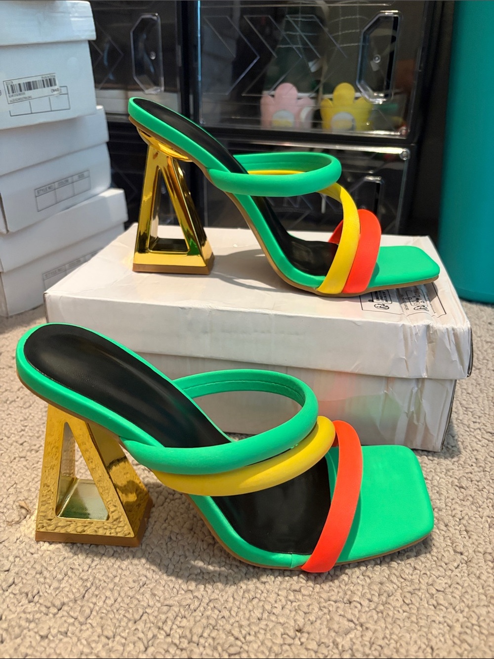 Green Multistrap Pyramid-Heel Sandal